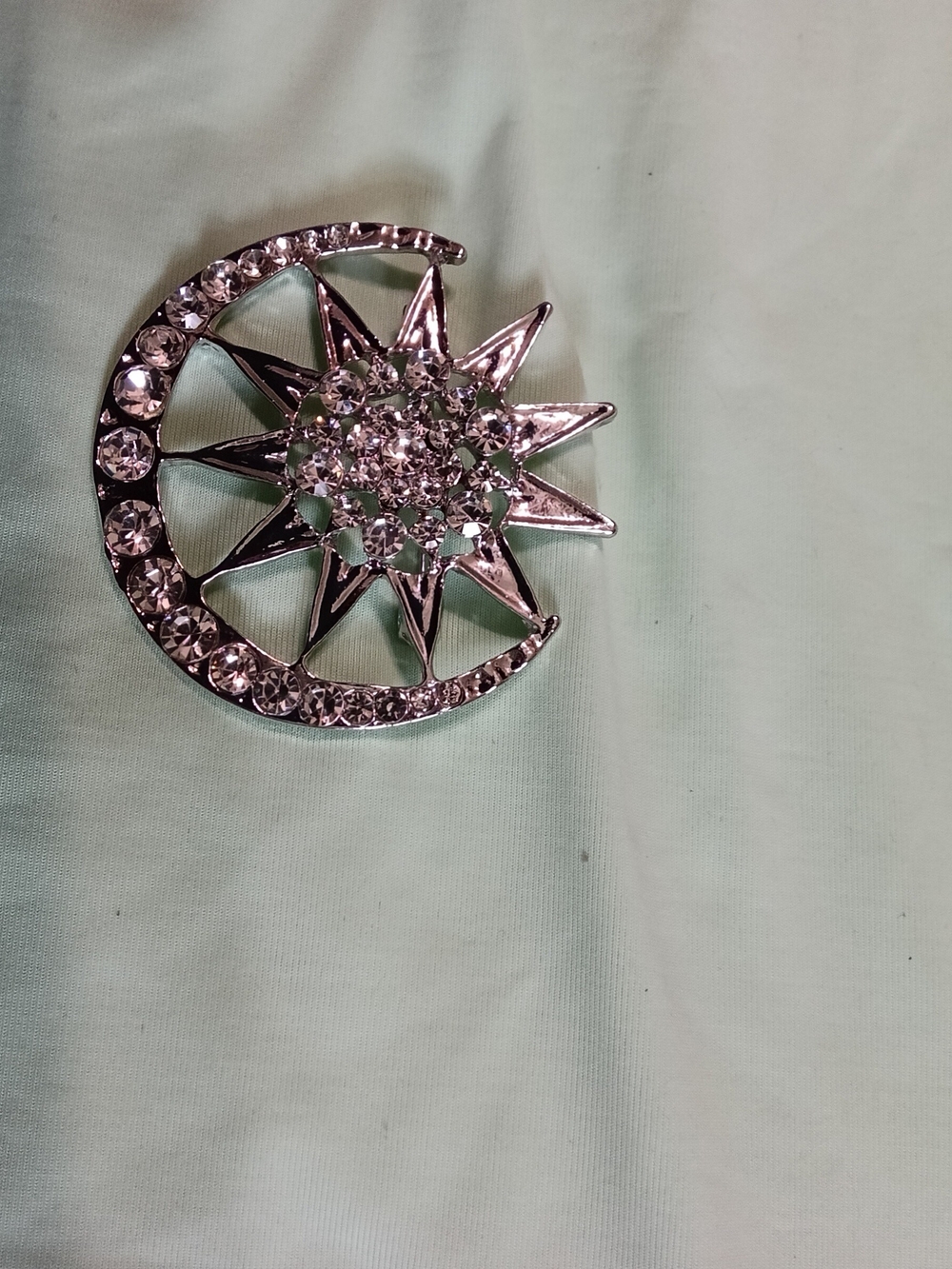 Silver Crystal Crescent Moon & Star Brooch - Sparkling Clear Rhinestones